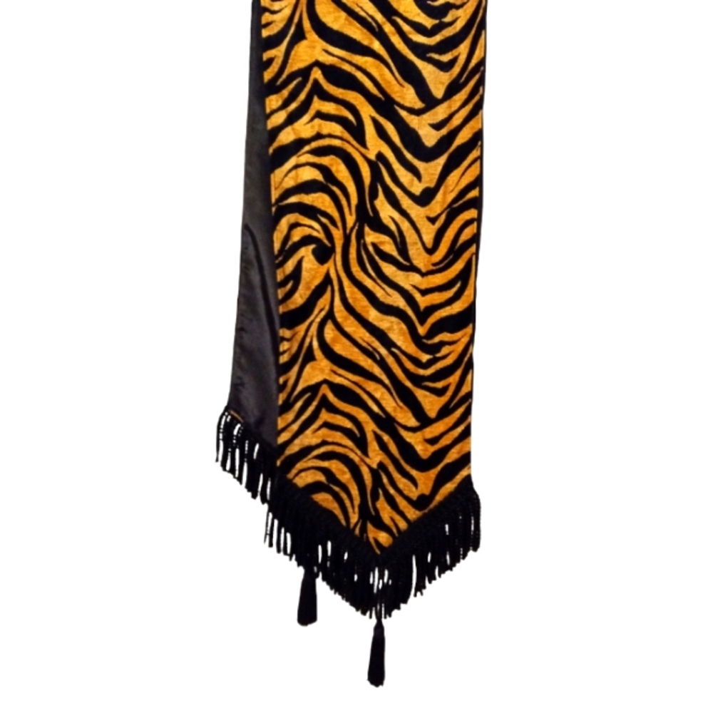 Chenille Tiger tapestry table runner revers. with shiny black fringe and tassel.